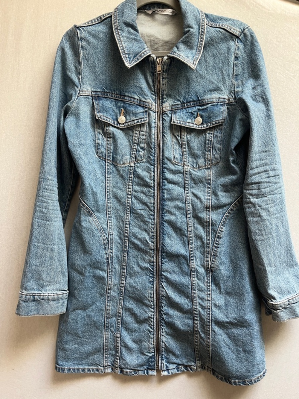 Zara Blue Denim Zip Front Long Sleeve Fitted Mini Dress Size L
